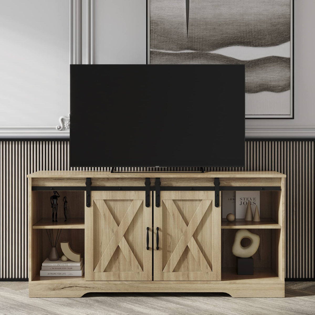 Sliding Barn Door Wood TV Stand with Adjustable Shelves V24498