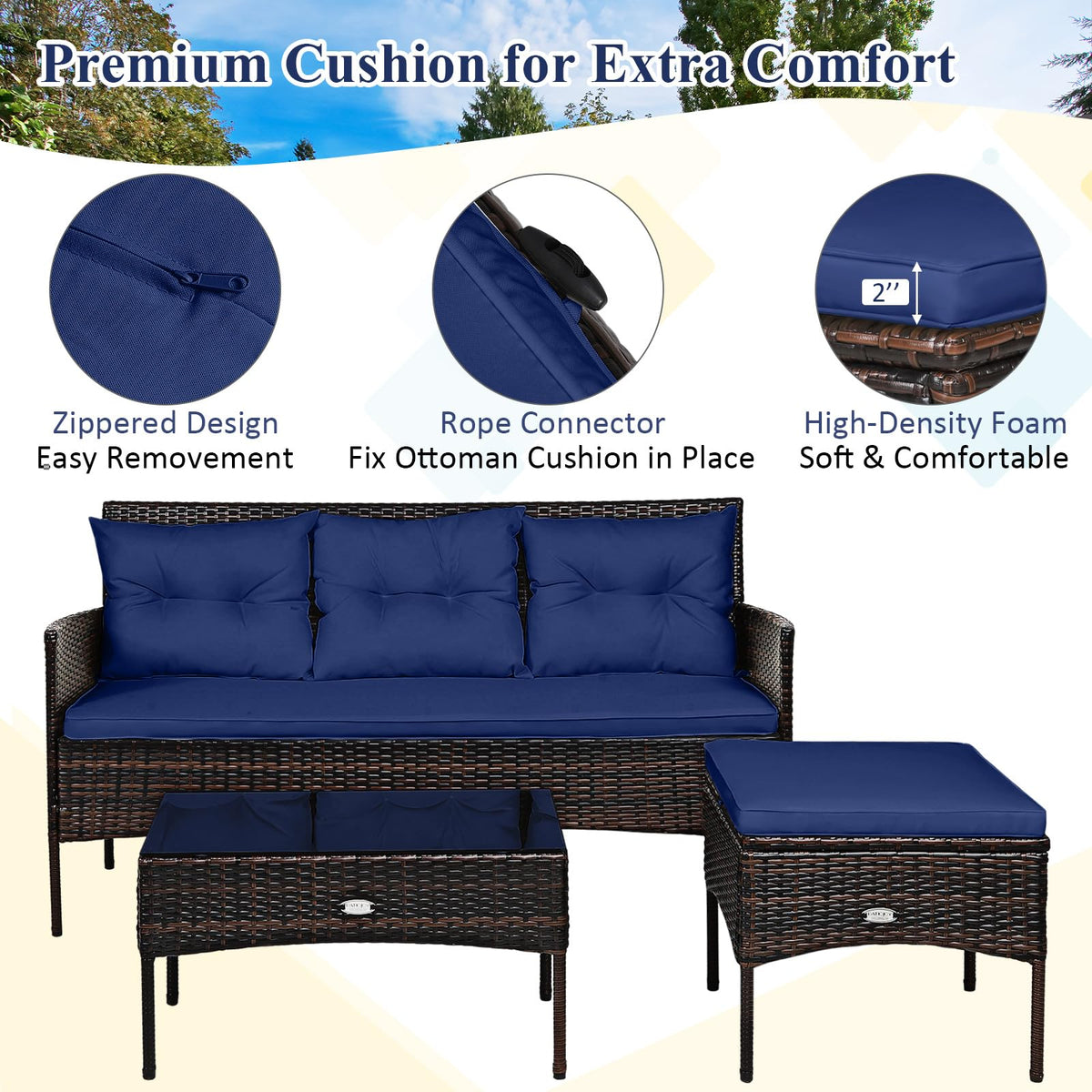 3 Pieces PE Rattan Wicker Patio Conversation Set with Cushions R5882