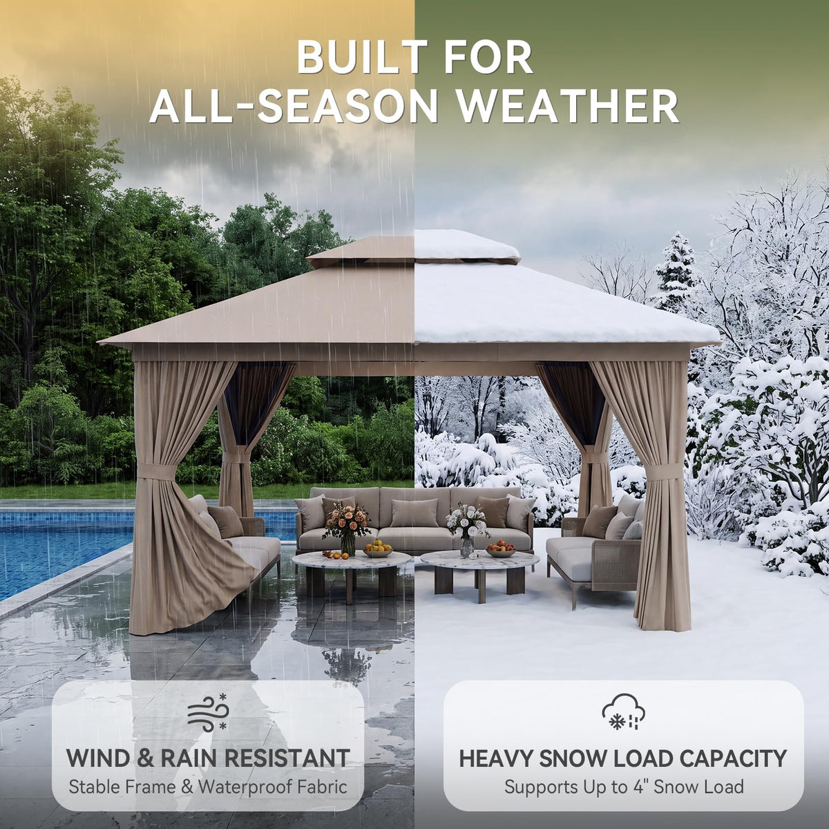 12'x10' Outdoor Gazebo with Curtain & Mosquito Netting, Beige N1048