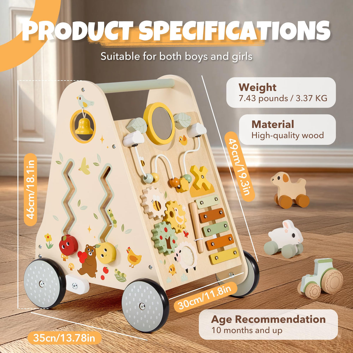 Wooden Baby Push Walker with Activity Center O54140