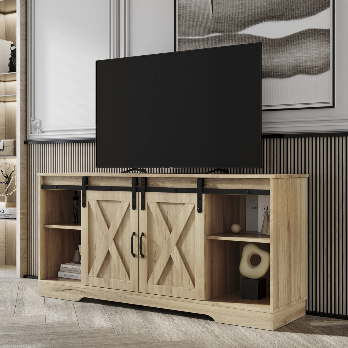 Sliding Barn Door Wood TV Stand with Adjustable Shelves V24498