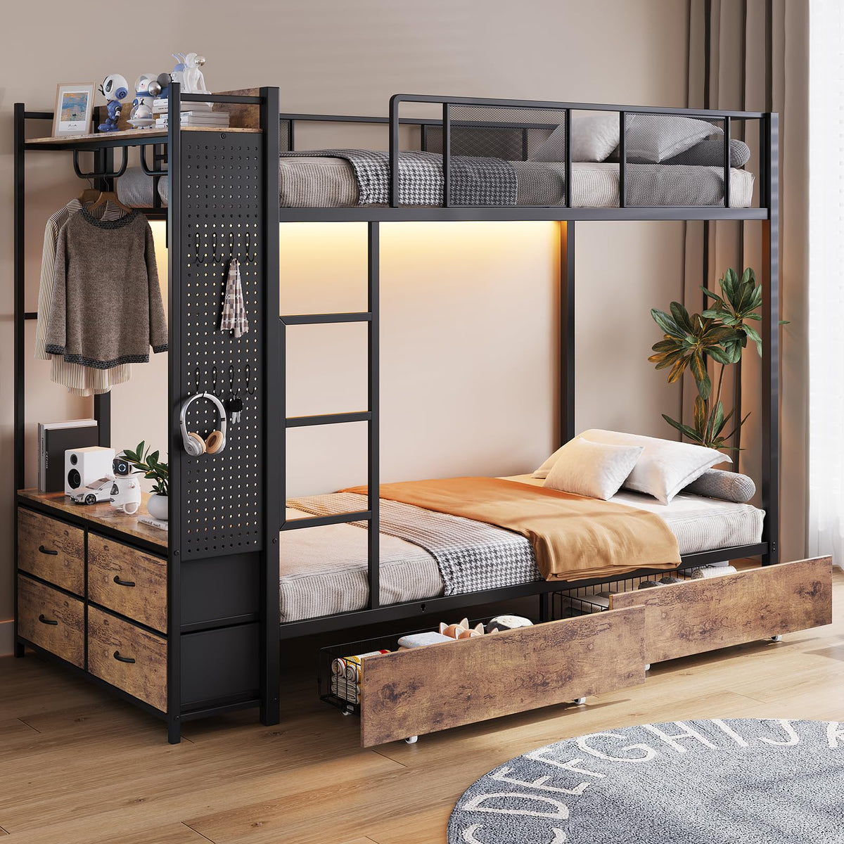 Twin Over Twin Metal Bunk Bed with 6 Storage Drawers and Ladder X93899