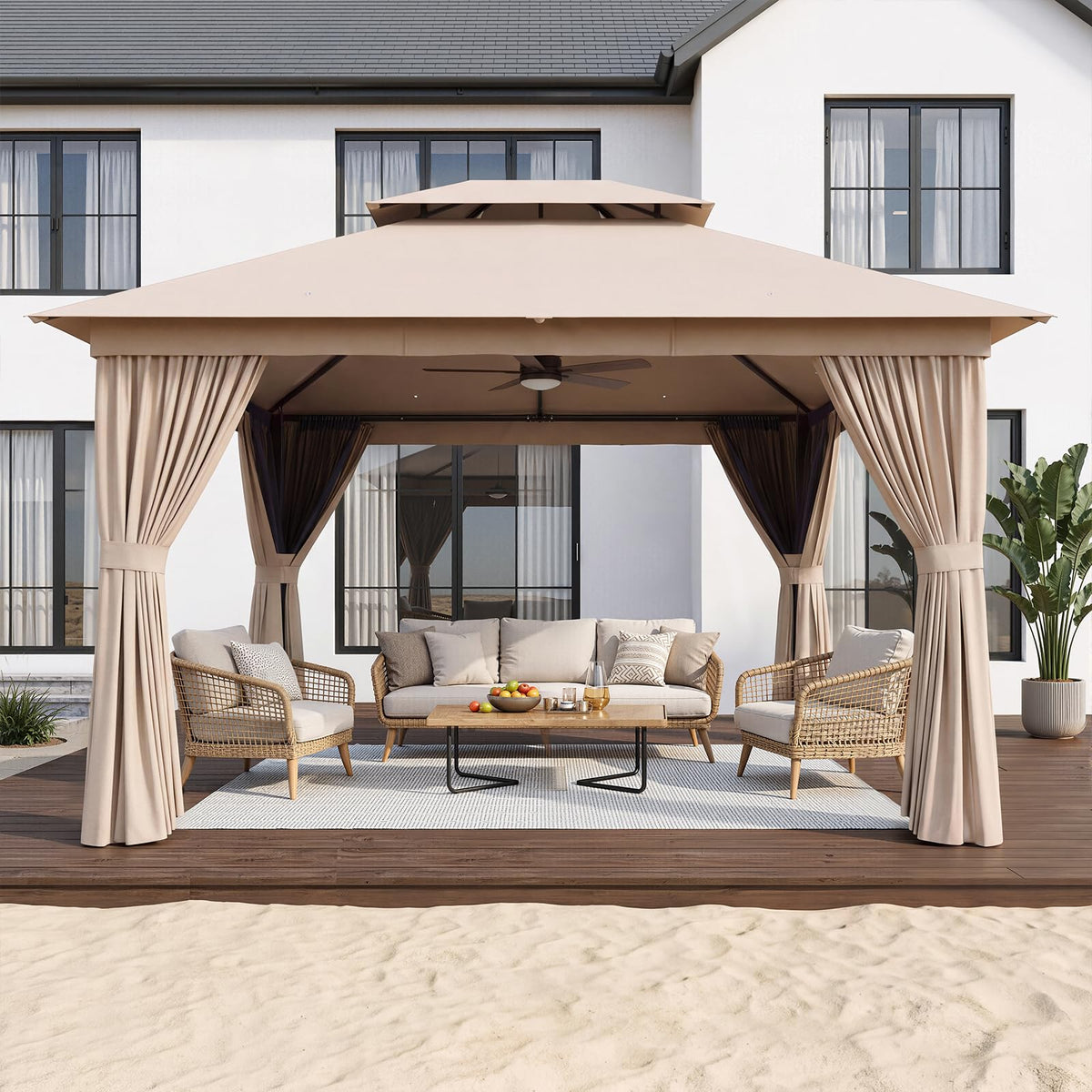12'x10' Outdoor Gazebo with Curtain & Mosquito Netting, Beige N1048