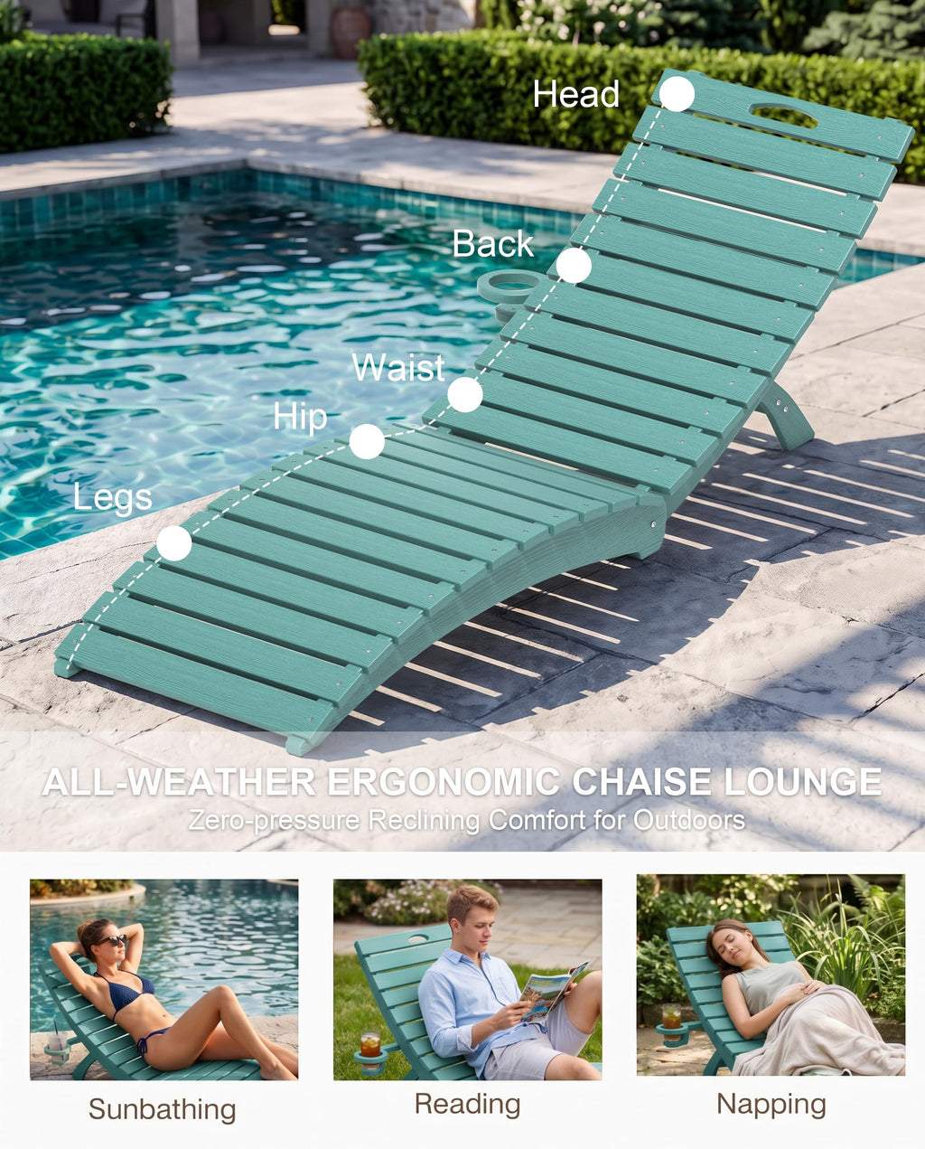 Blue HDPE Pool Chaise Lounge Chairs with Cup Holder, Set of 2 U500