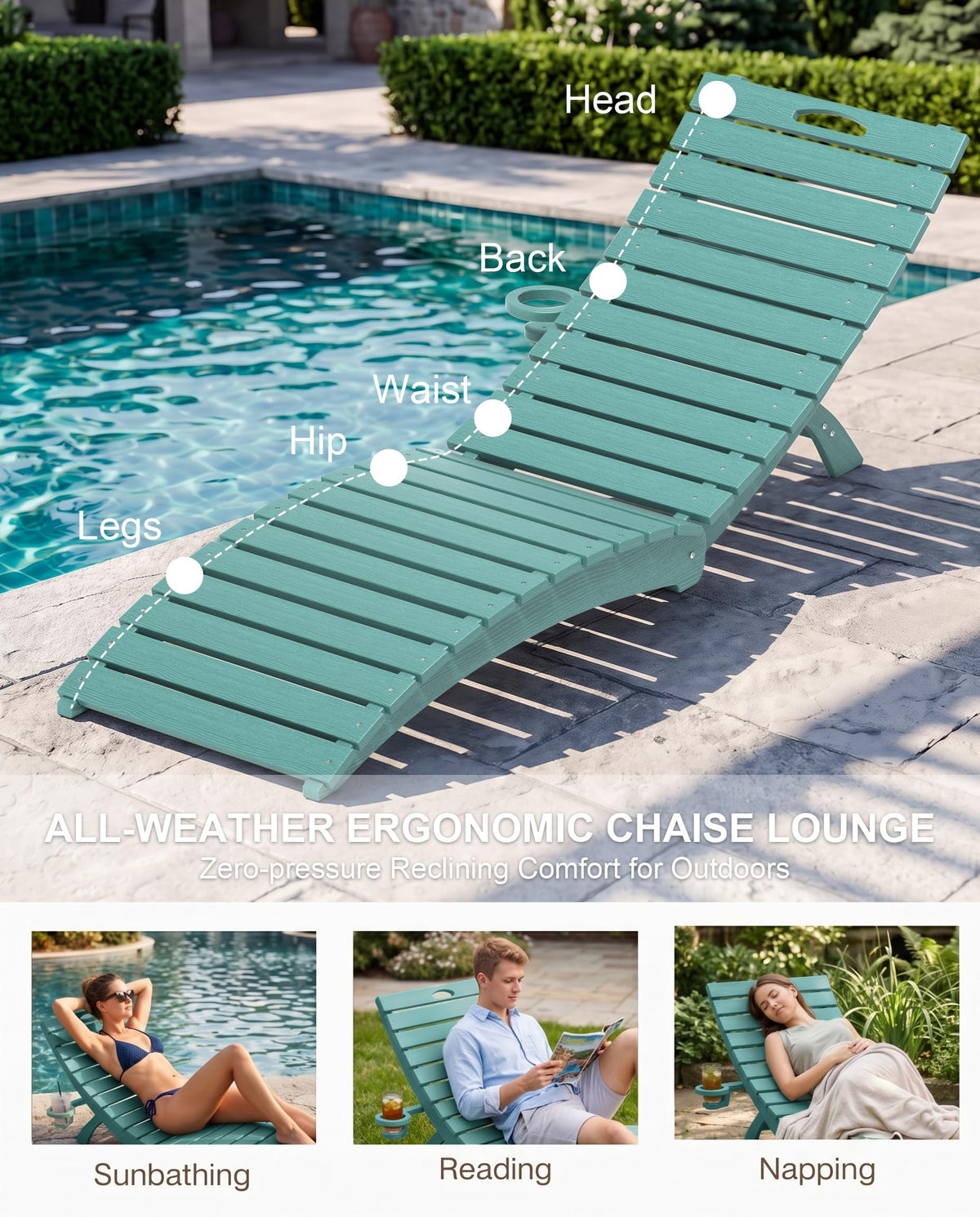 Blue HDPE Pool Chaise Lounge Chairs with Cup Holder, Set of 2 U500