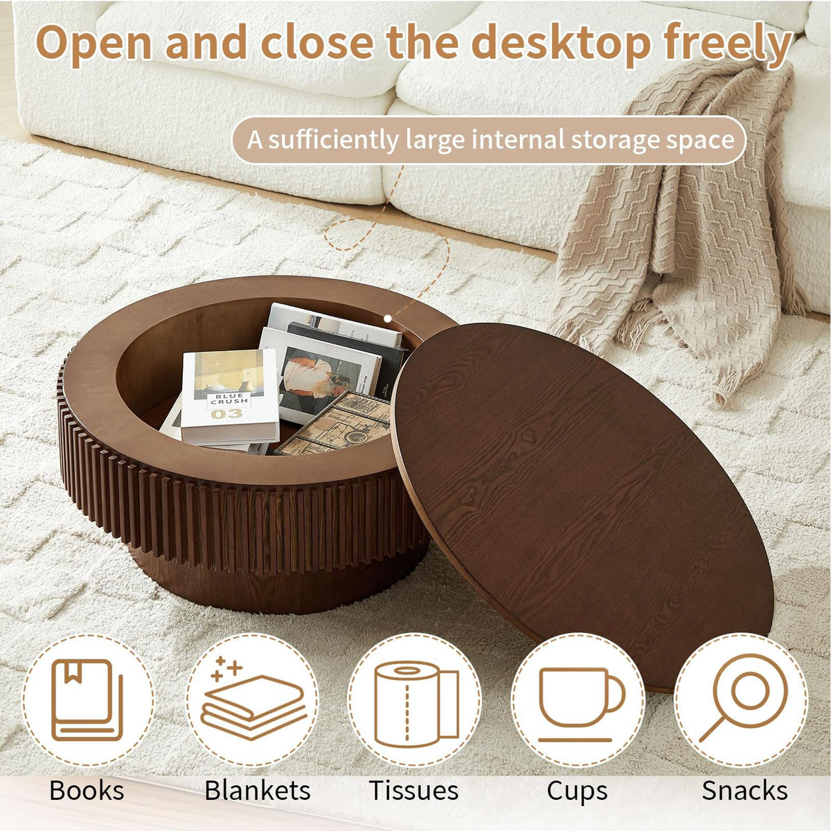 Walnut Round Fluted Coffee Table with Storage P37628