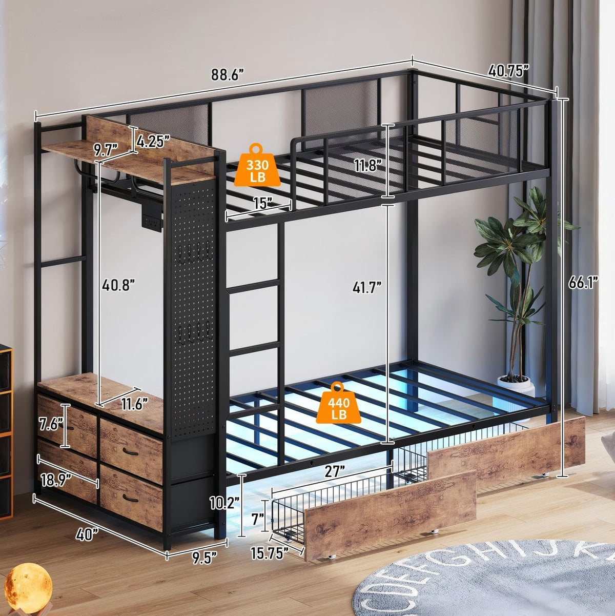 Twin Over Twin Metal Bunk Bed with 6 Storage Drawers and Ladder X93899