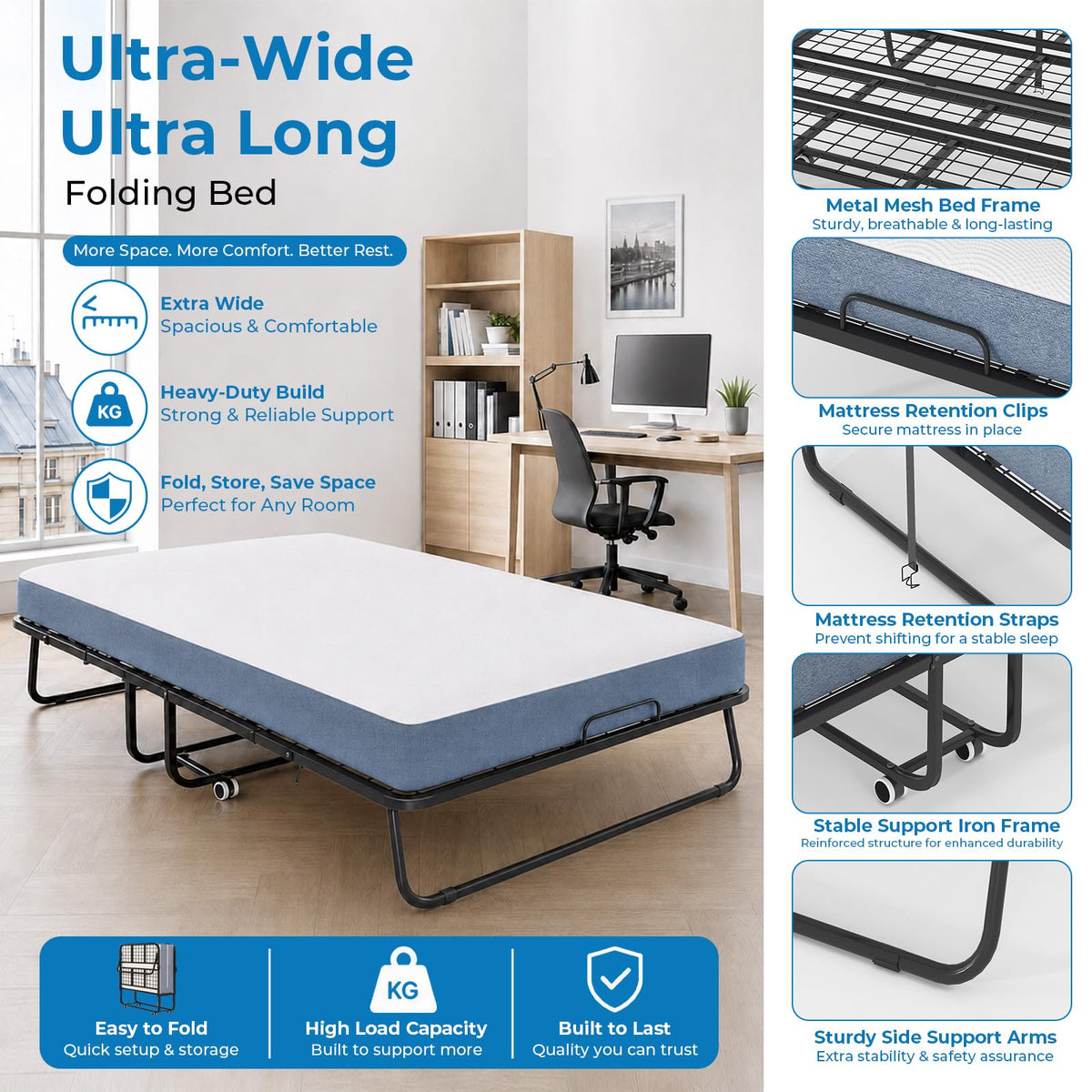 Folding Bed with 5" Foam Mattress Queen Size Metal Frame I22652