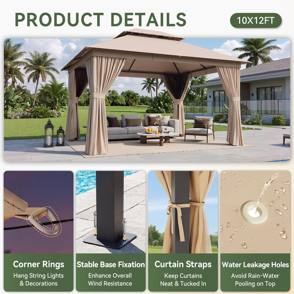 12'x10' Outdoor Gazebo with Curtain & Mosquito Netting, Beige N1048