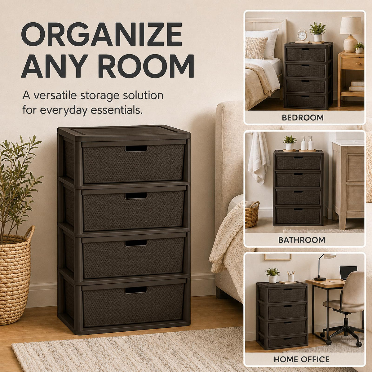 Brown 4-Drawer Plastic Storage Tower D6597