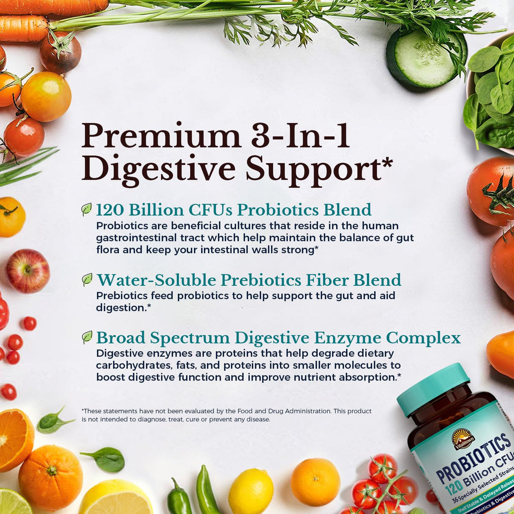 Probiotics 120 Billion CFUs 36 Strains with Prebiotics & Digestive Enzymes 30 Veg Caps A102