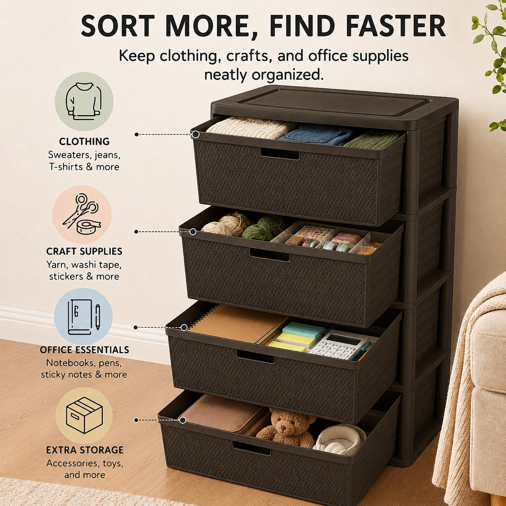 Brown 4-Drawer Plastic Storage Tower D6597