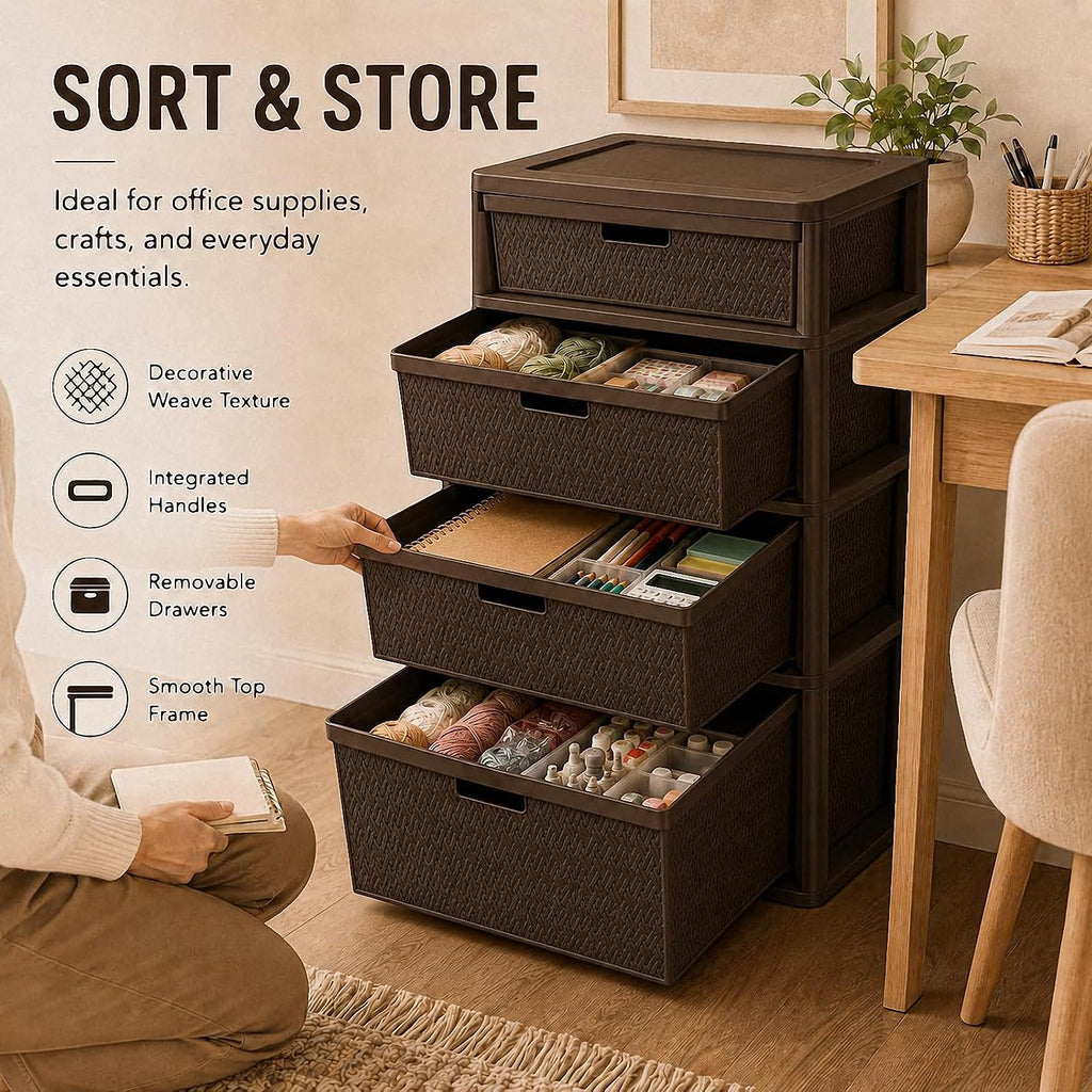 Brown 4-Drawer Plastic Storage Tower D6597