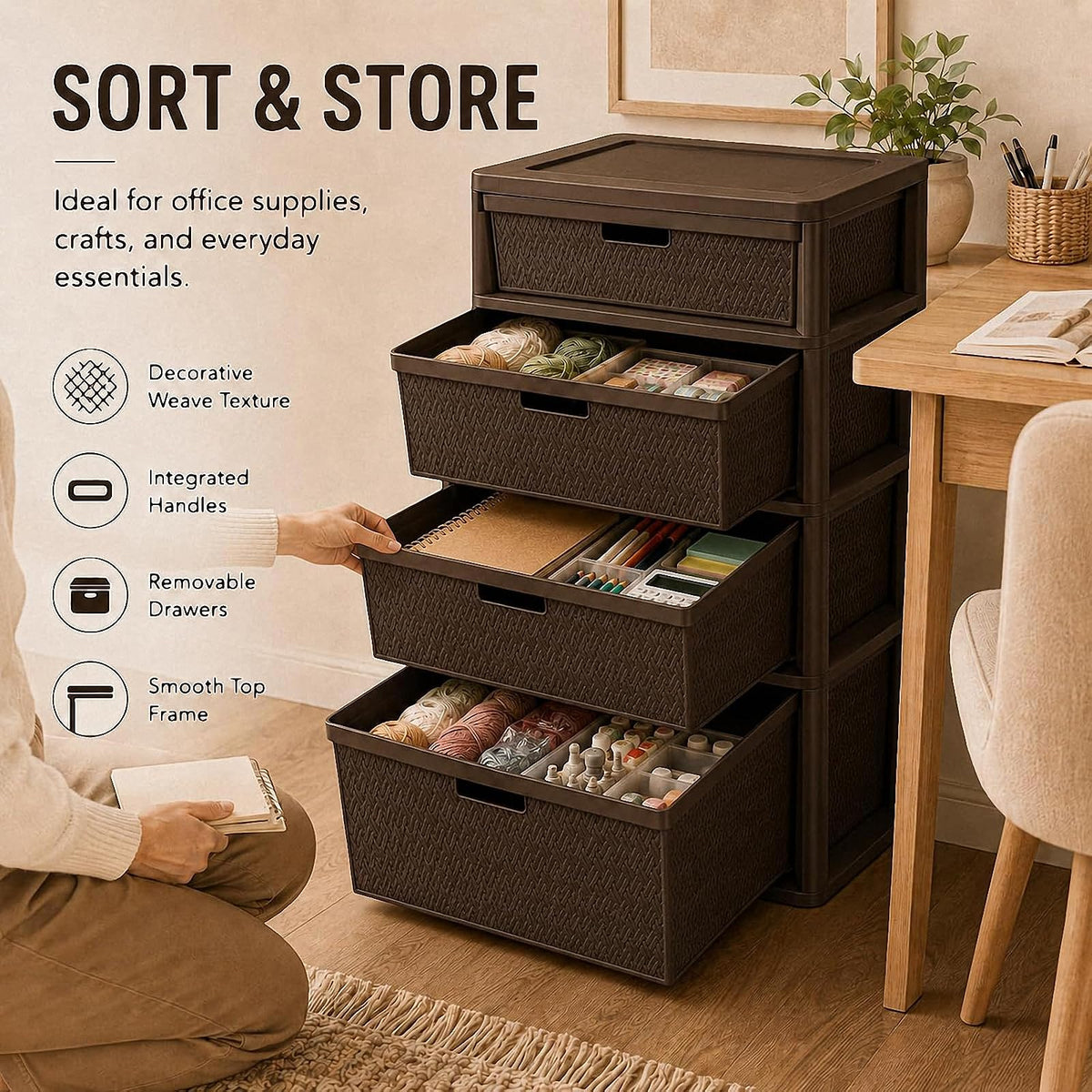 Brown 4-Drawer Plastic Storage Tower D6597