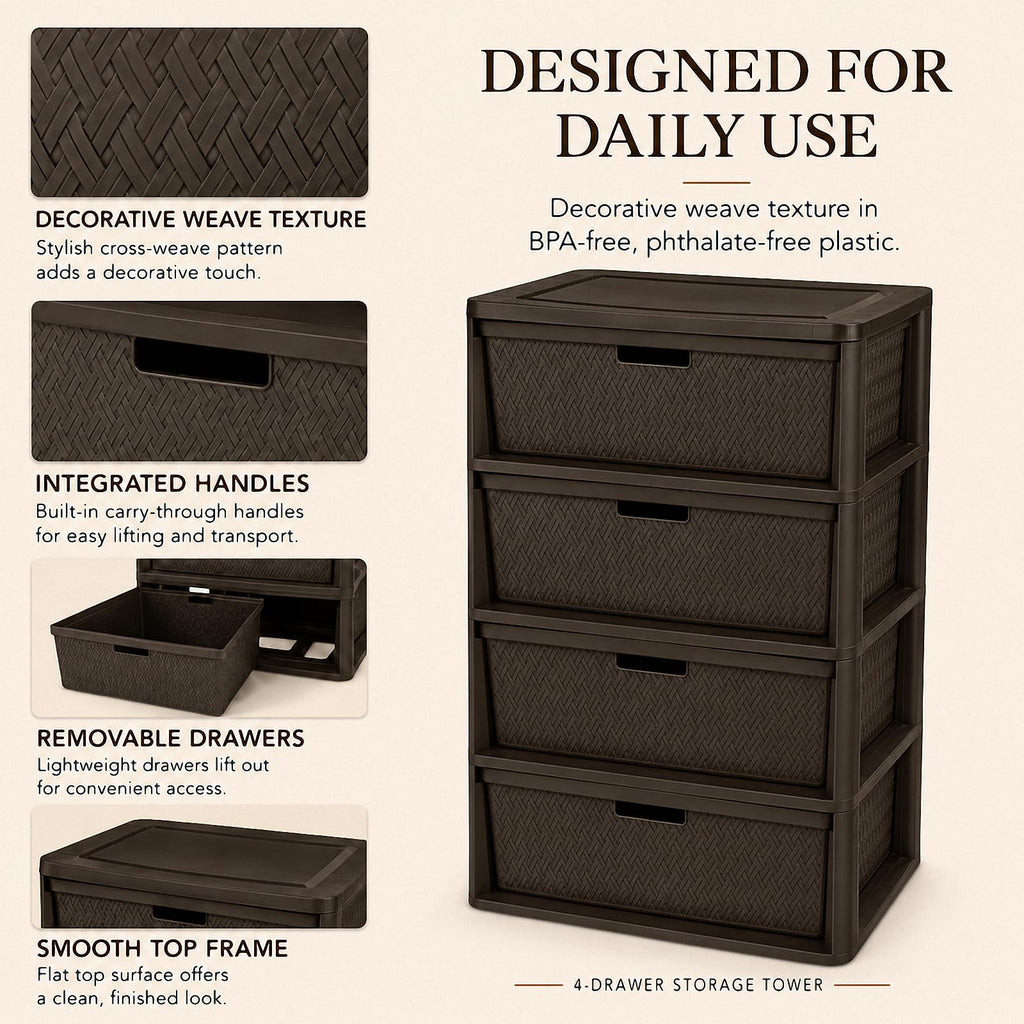 Brown 4-Drawer Plastic Storage Tower D6597