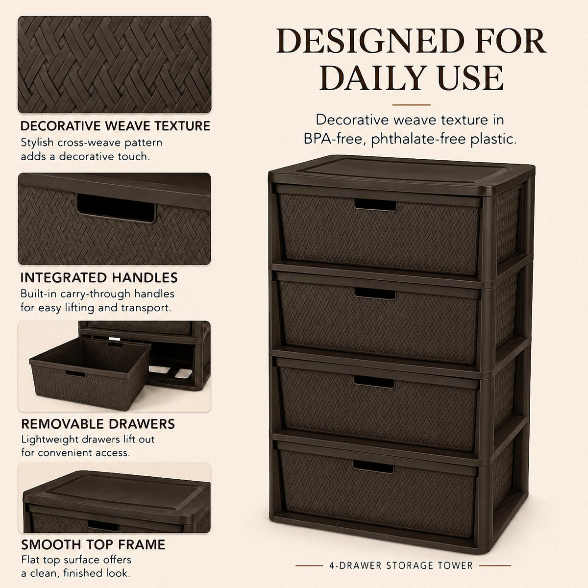 Brown 4-Drawer Plastic Storage Tower D6597