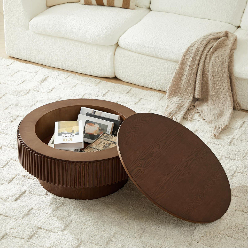 Walnut Round Fluted Coffee Table with Storage P37628