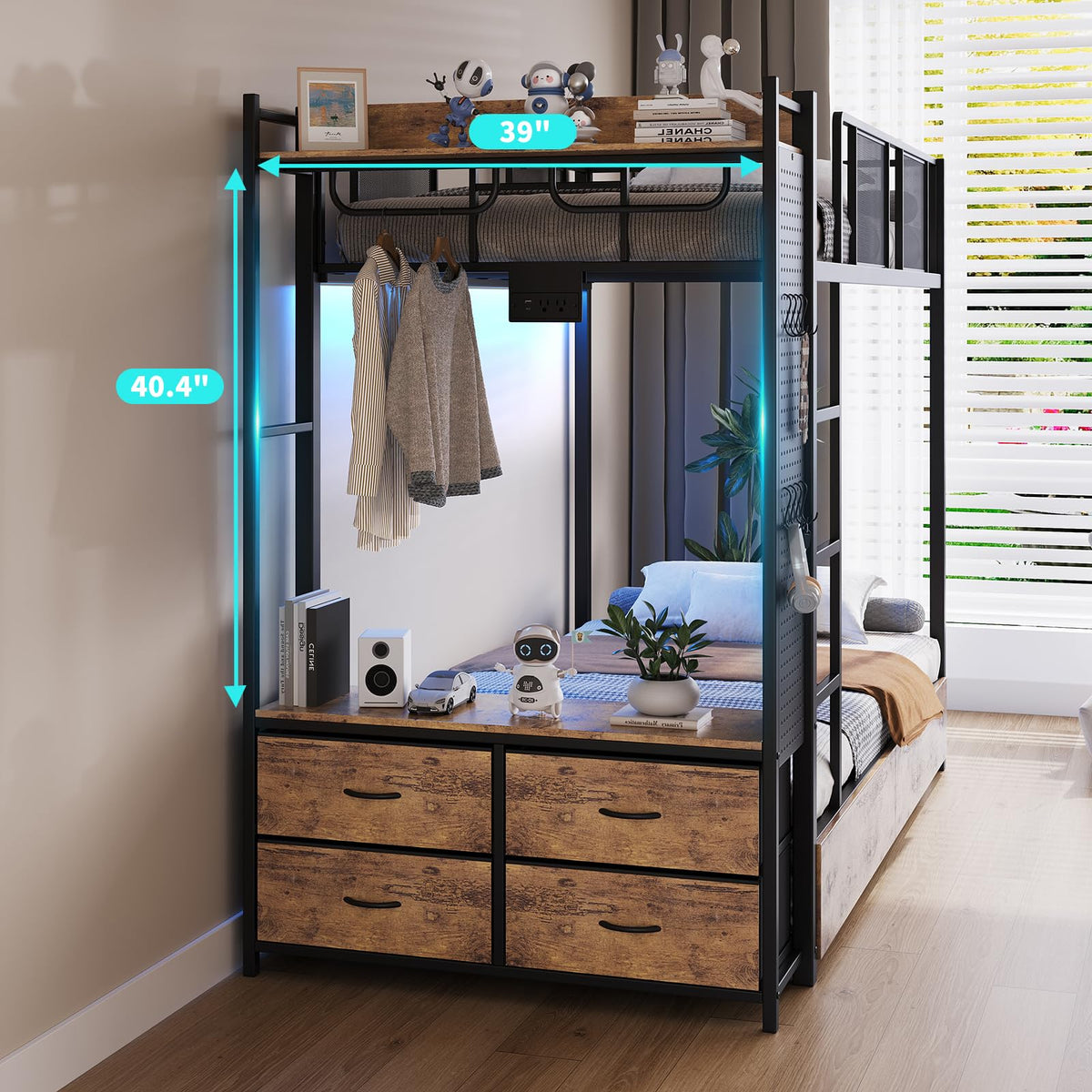 Twin Over Twin Metal Bunk Bed with 6 Storage Drawers and Ladder X93899
