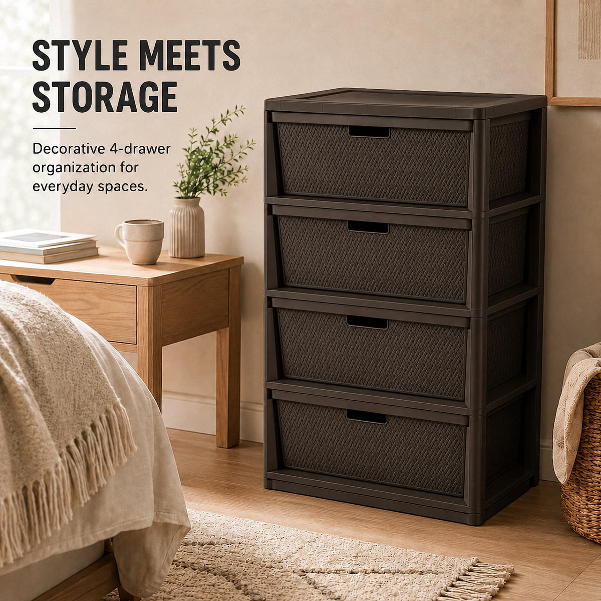 Brown 4-Drawer Plastic Storage Tower D6597