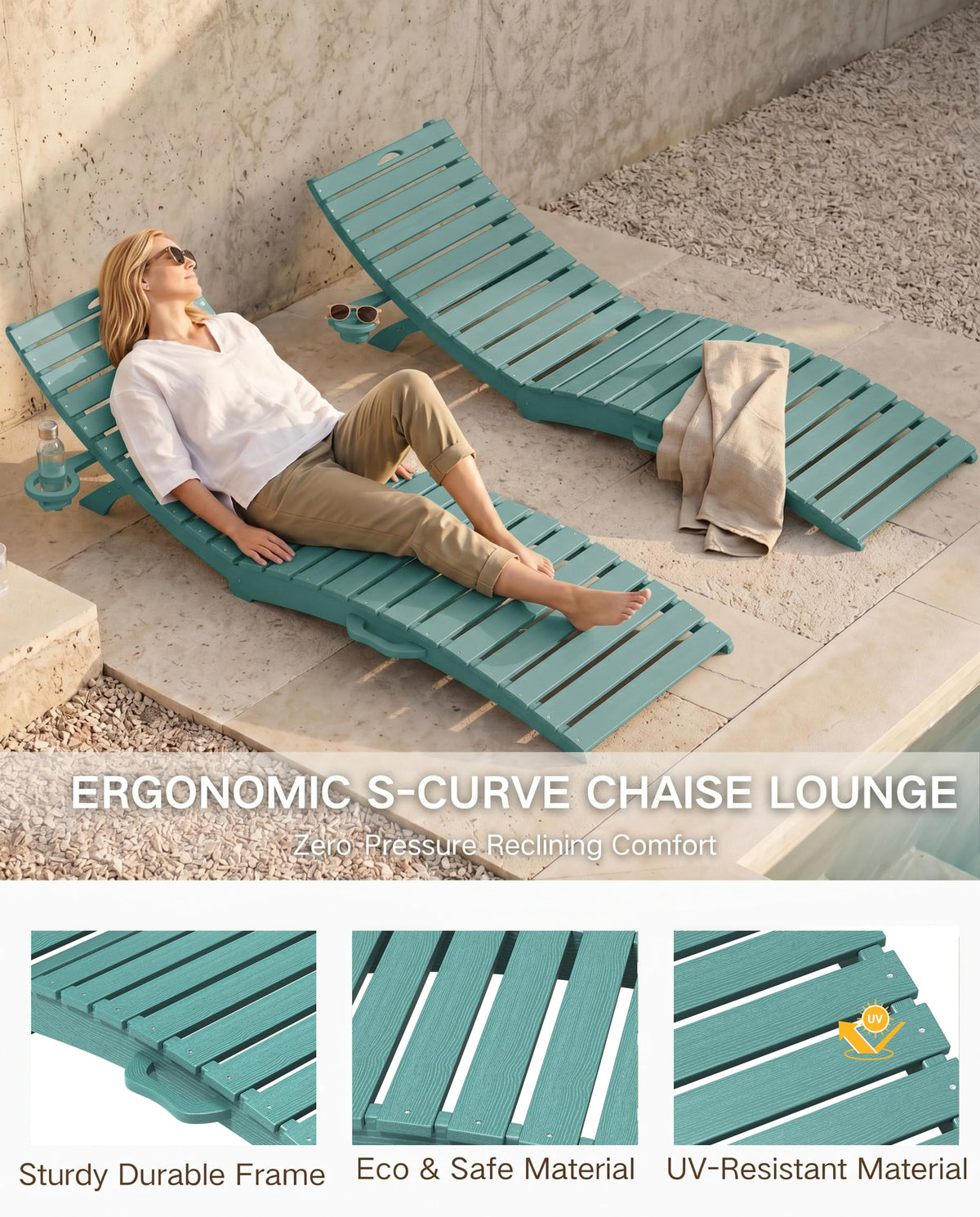 Blue HDPE Pool Chaise Lounge Chairs with Cup Holder, Set of 2 U500