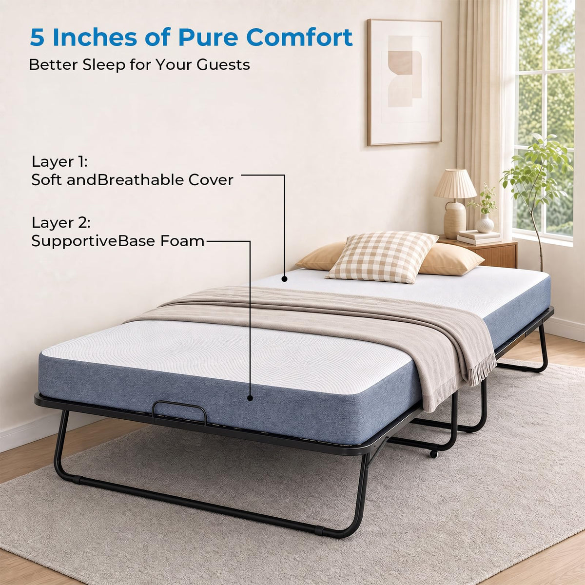 Folding Bed with 5" Foam Mattress Queen Size Metal Frame I22652