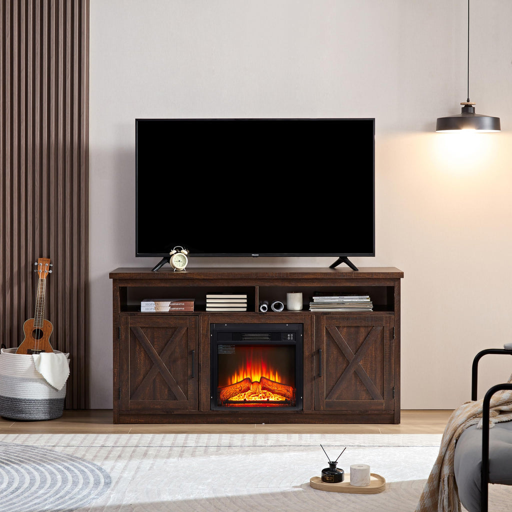 Farmhouse TV Media Stand with 18" Fireplace Insert and Cabinets, Espresso N238