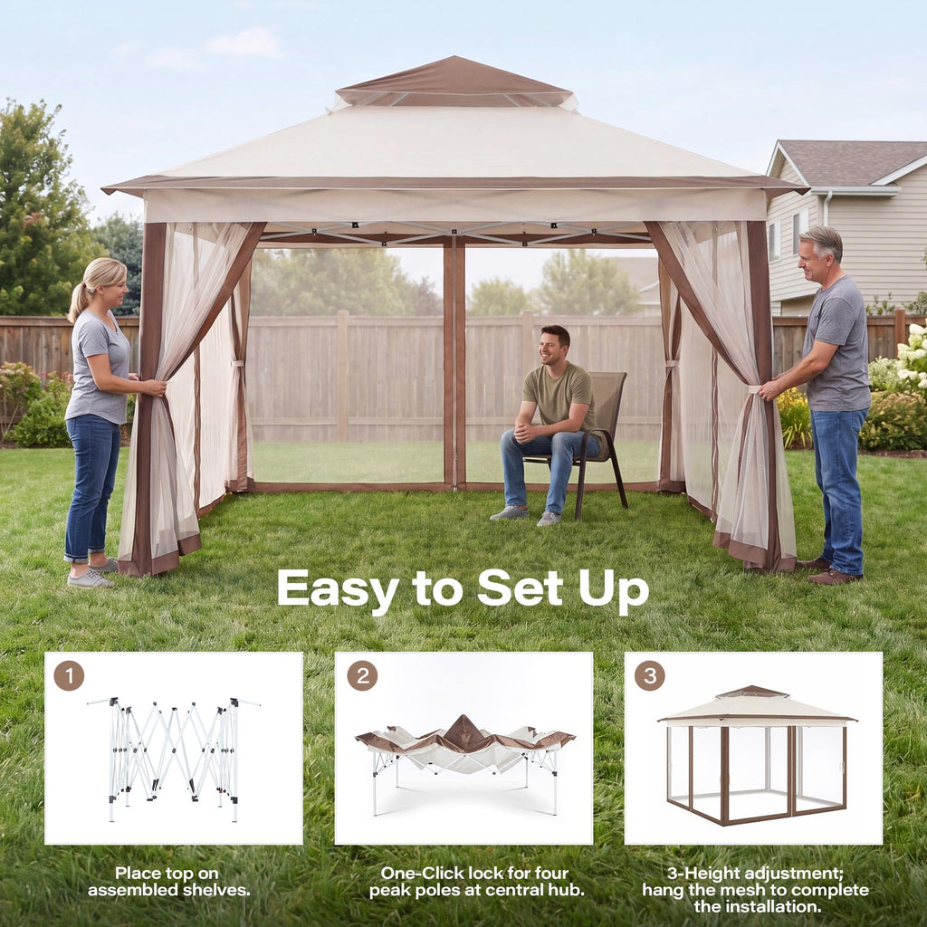 12x12 Pop Up Gazebo Canopy Tent with Mosquito Netting, Khaki N81086