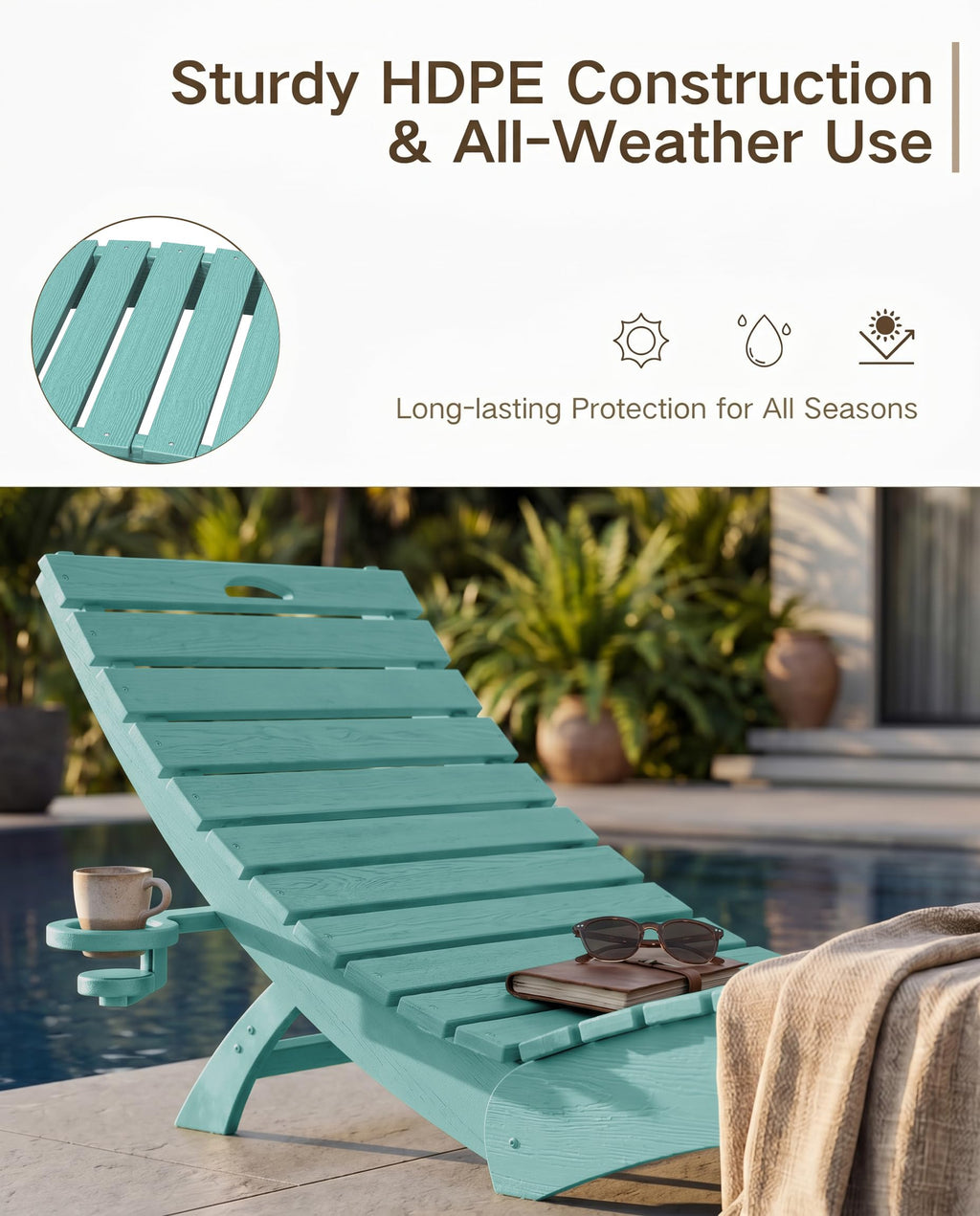 Blue HDPE Pool Chaise Lounge Chairs with Cup Holder, Set of 2 U500