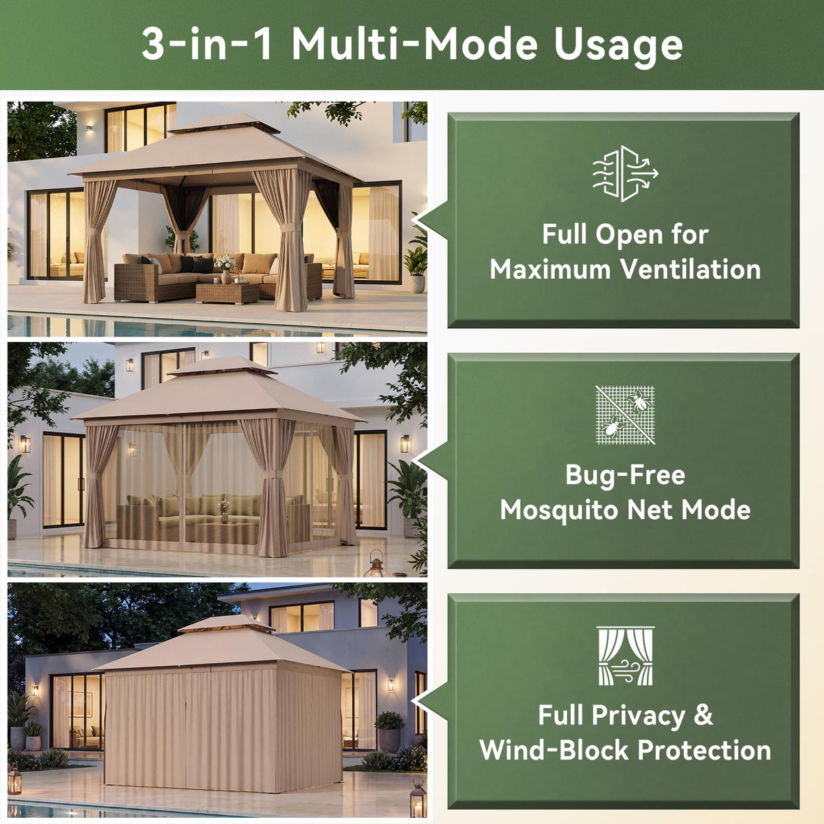 12'x10' Outdoor Gazebo with Curtain & Mosquito Netting, Beige N1048