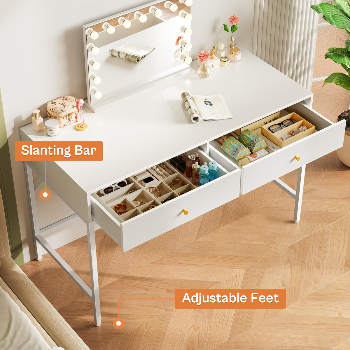 White Vanity Desk with Drawers D558