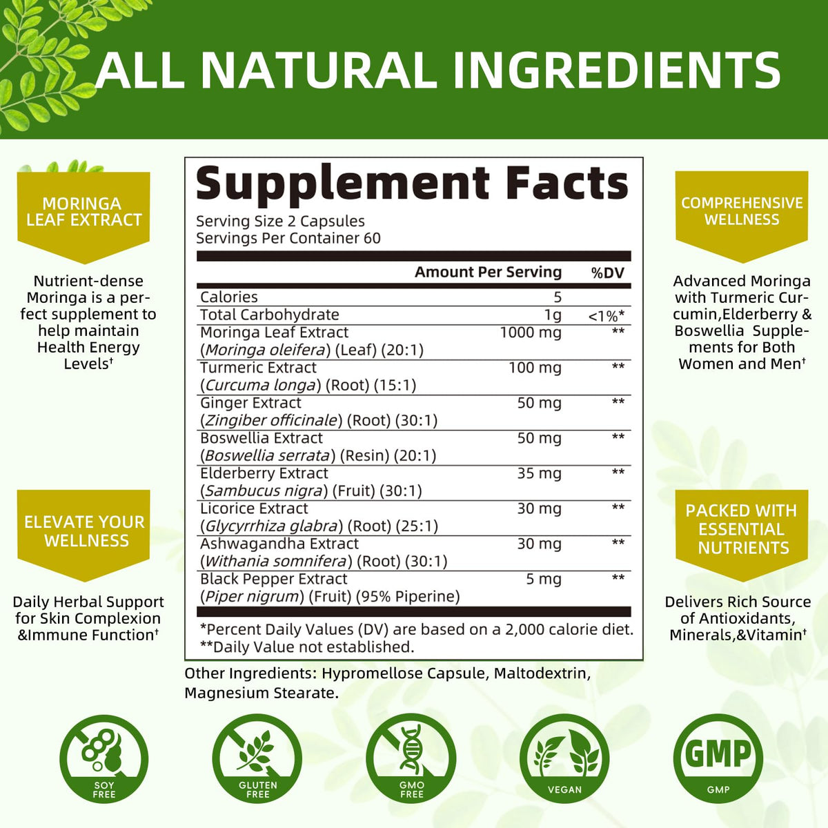Moringa Capsules 1000mg with Ashwagandha & Turmeric E503716