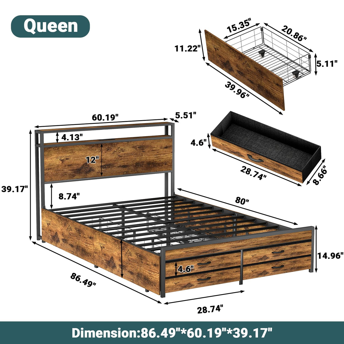 Queen Bed Frame with 8 Storage Drawers S3973