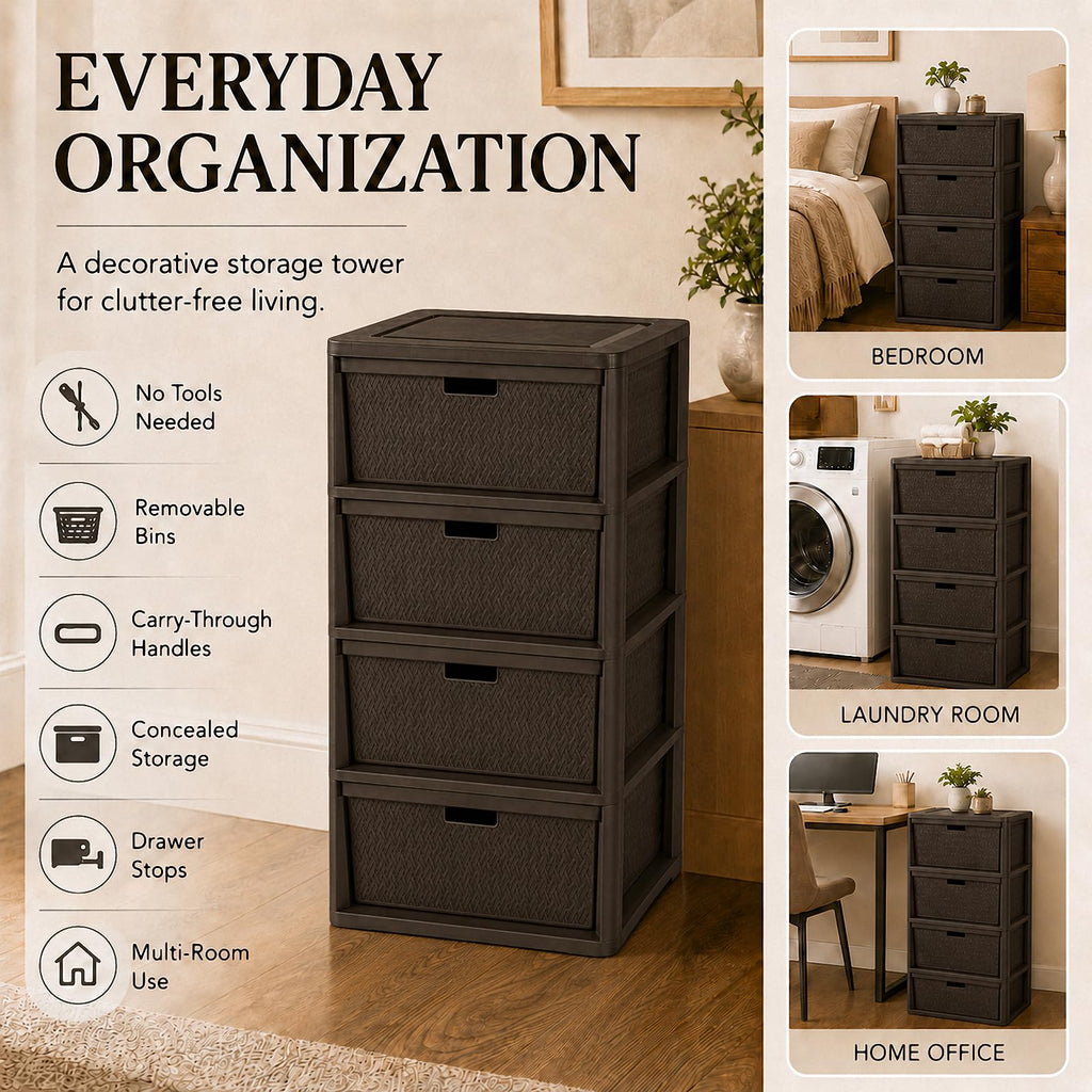 Brown 4-Drawer Plastic Storage Tower D6597