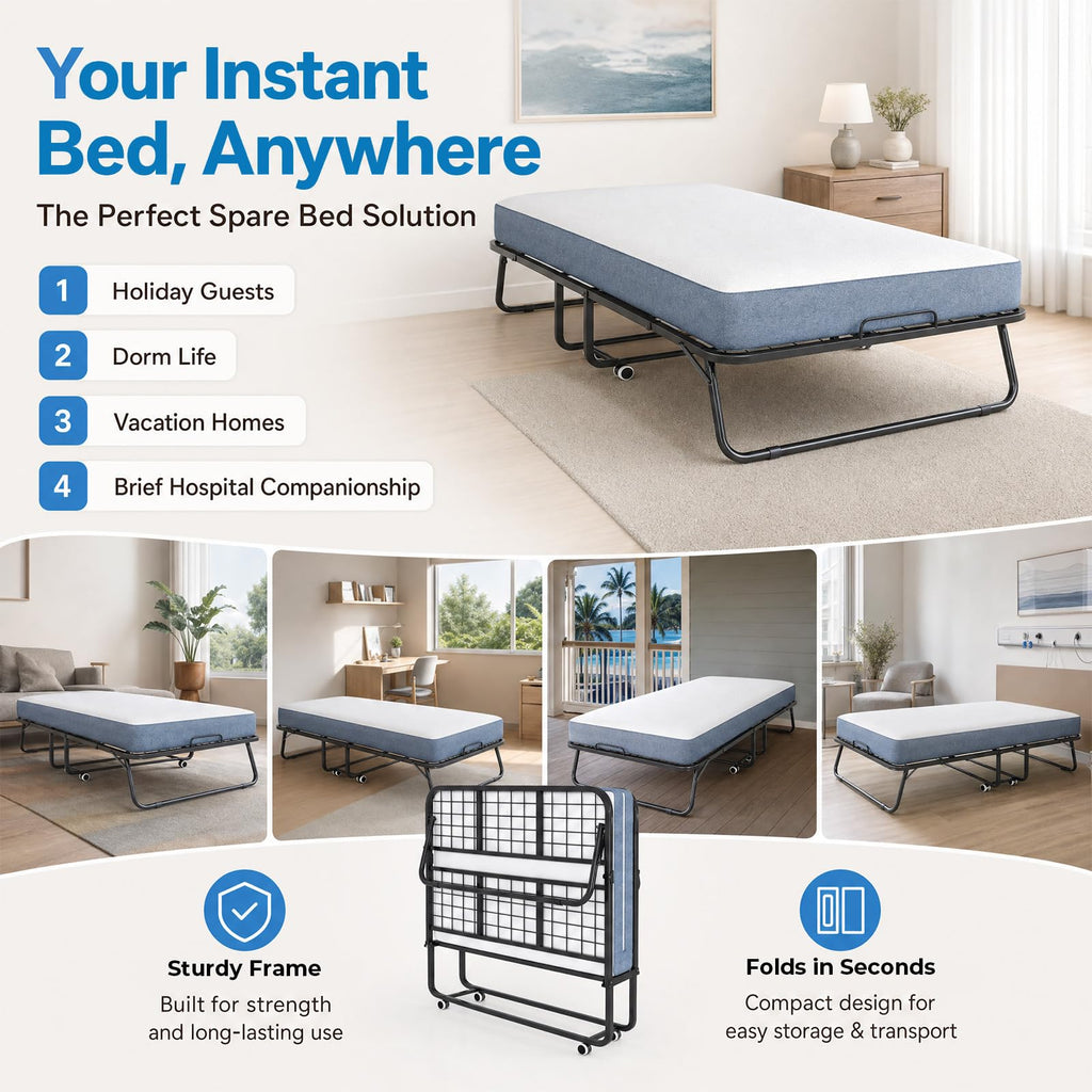 Folding Bed with 5" Foam Mattress Queen Size Metal Frame I22652