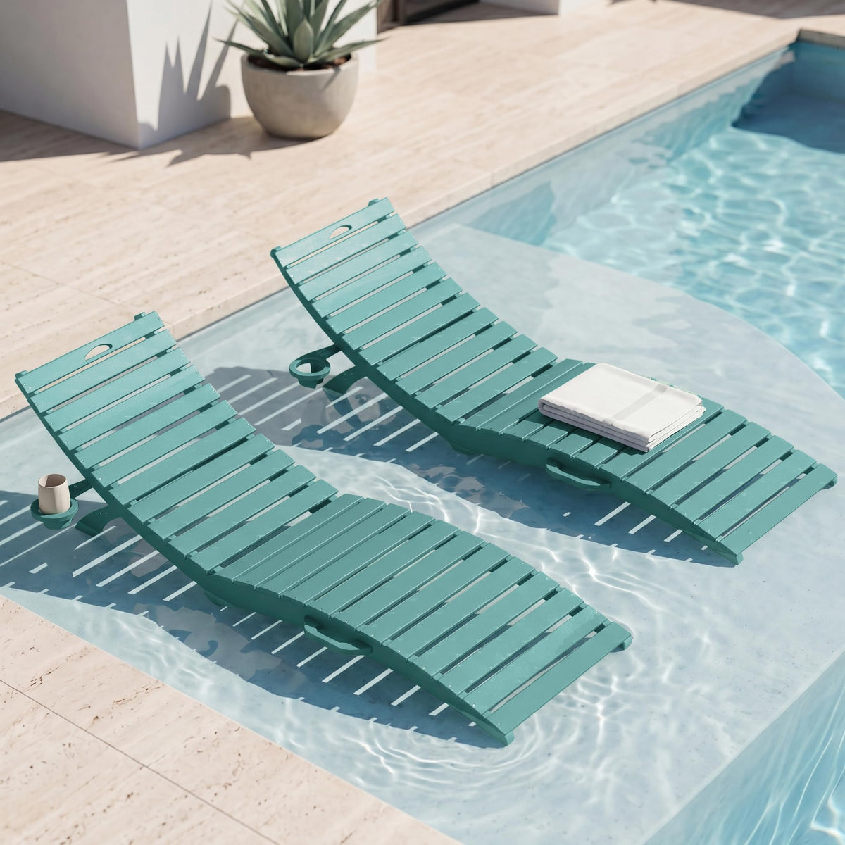Blue HDPE Pool Chaise Lounge Chairs with Cup Holder, Set of 2 U500