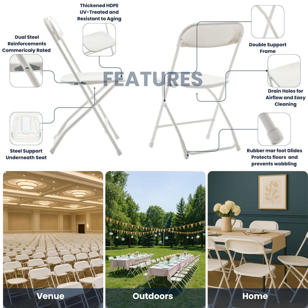 White Plastic Folding Chairs Set of 10 Steel Frame S8121