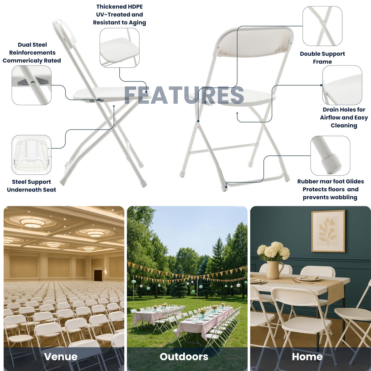 White Plastic Folding Chairs Set of 10 Steel Frame S8121