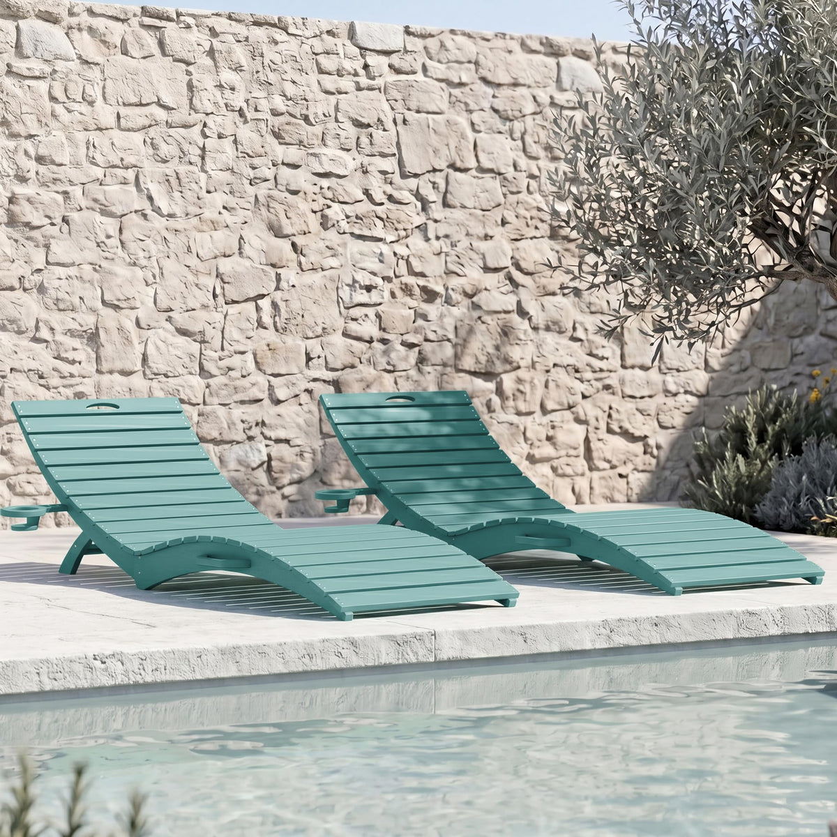 Blue HDPE Pool Chaise Lounge Chairs with Cup Holder, Set of 2 U500