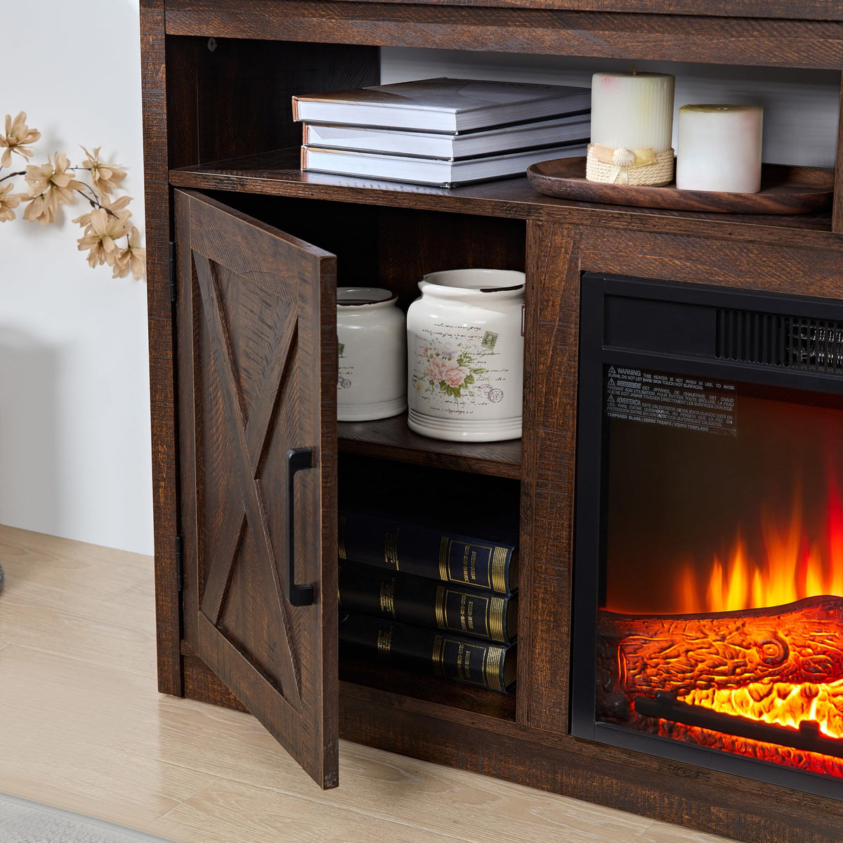 Farmhouse TV Media Stand with 18" Fireplace Insert and Cabinets, Espresso N238