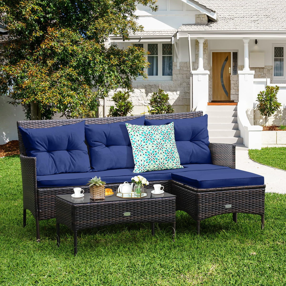 3 Pieces PE Rattan Wicker Patio Conversation Set with Cushions R5882