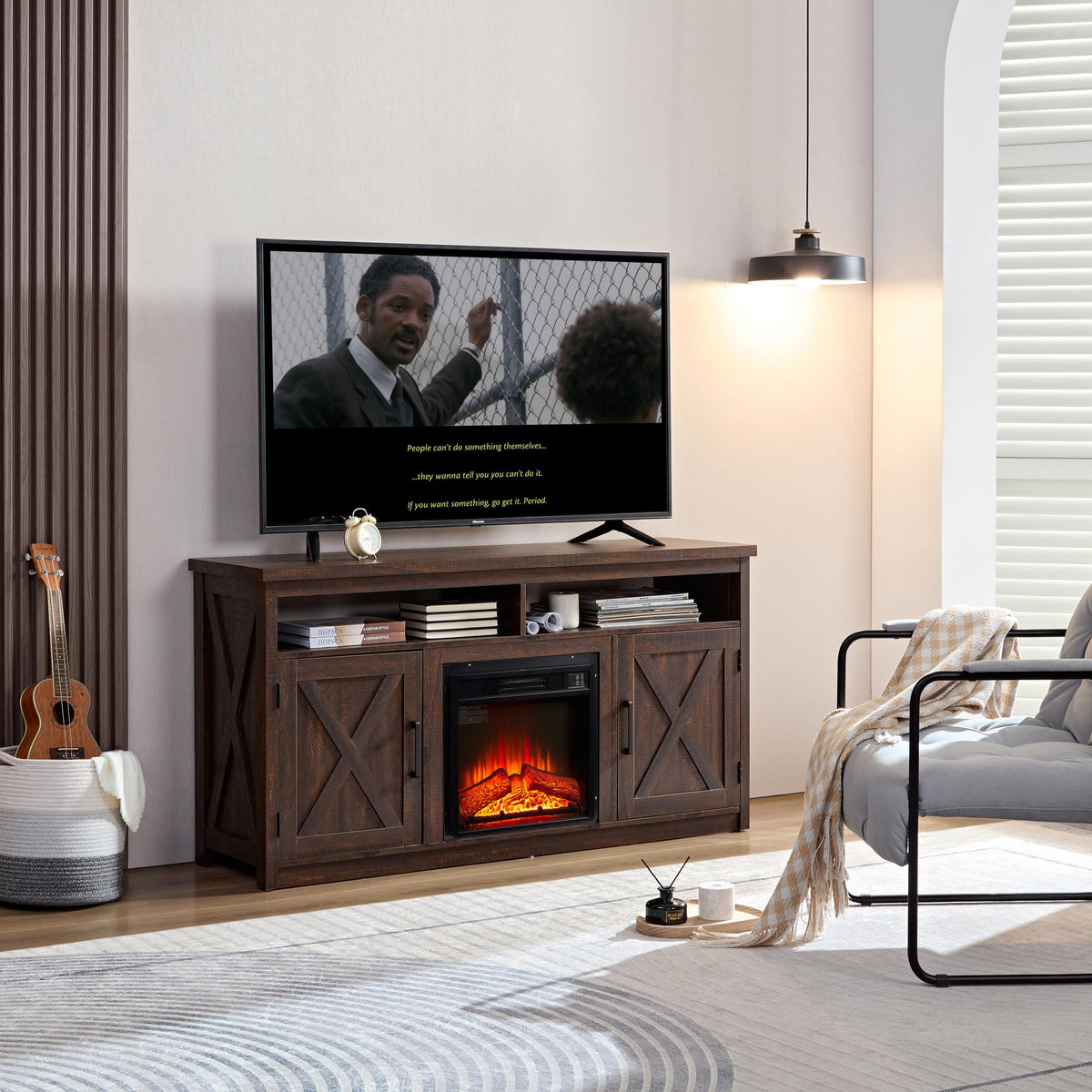 Farmhouse TV Media Stand with 18" Fireplace Insert and Cabinets, Espresso N238