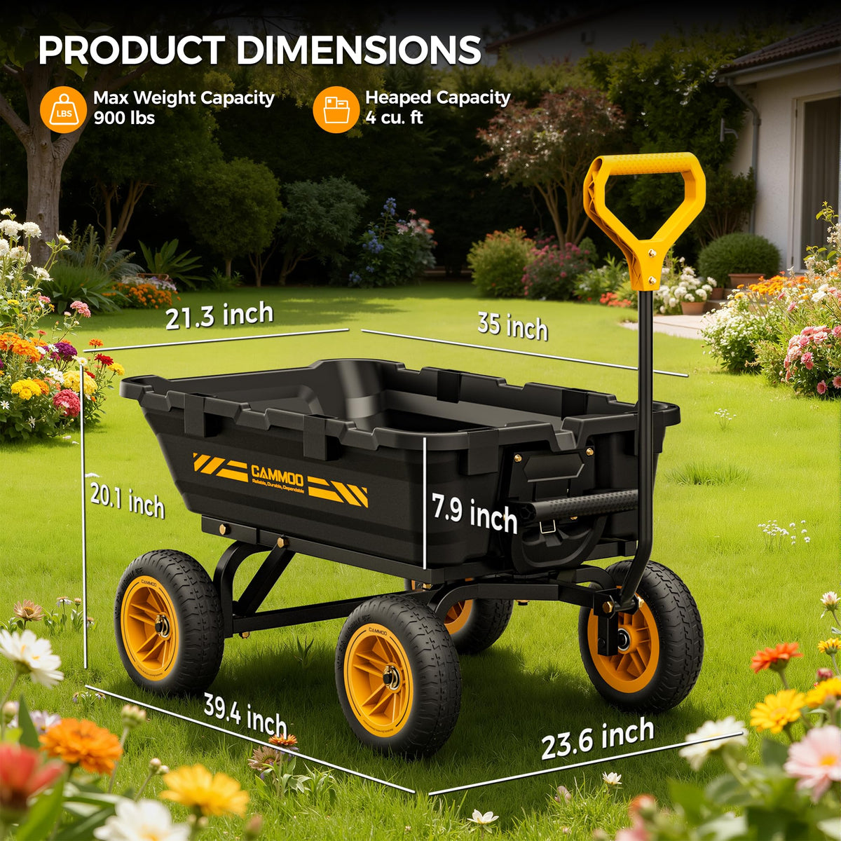 10-in No-Flat Tires Garden Dump Cart Wheelbarrow F7727