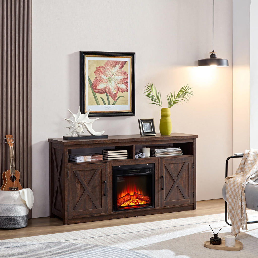 Farmhouse TV Media Stand with 18" Fireplace Insert and Cabinets, Espresso N238