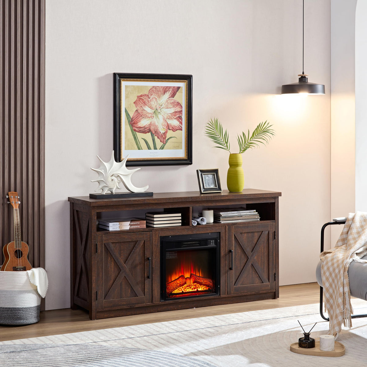 Farmhouse TV Media Stand with 18" Fireplace Insert and Cabinets, Espresso N238