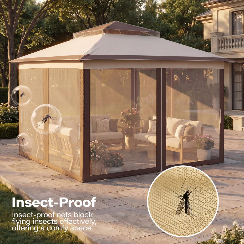 12x12 Pop Up Gazebo Canopy Tent with Mosquito Netting, Khaki N81086