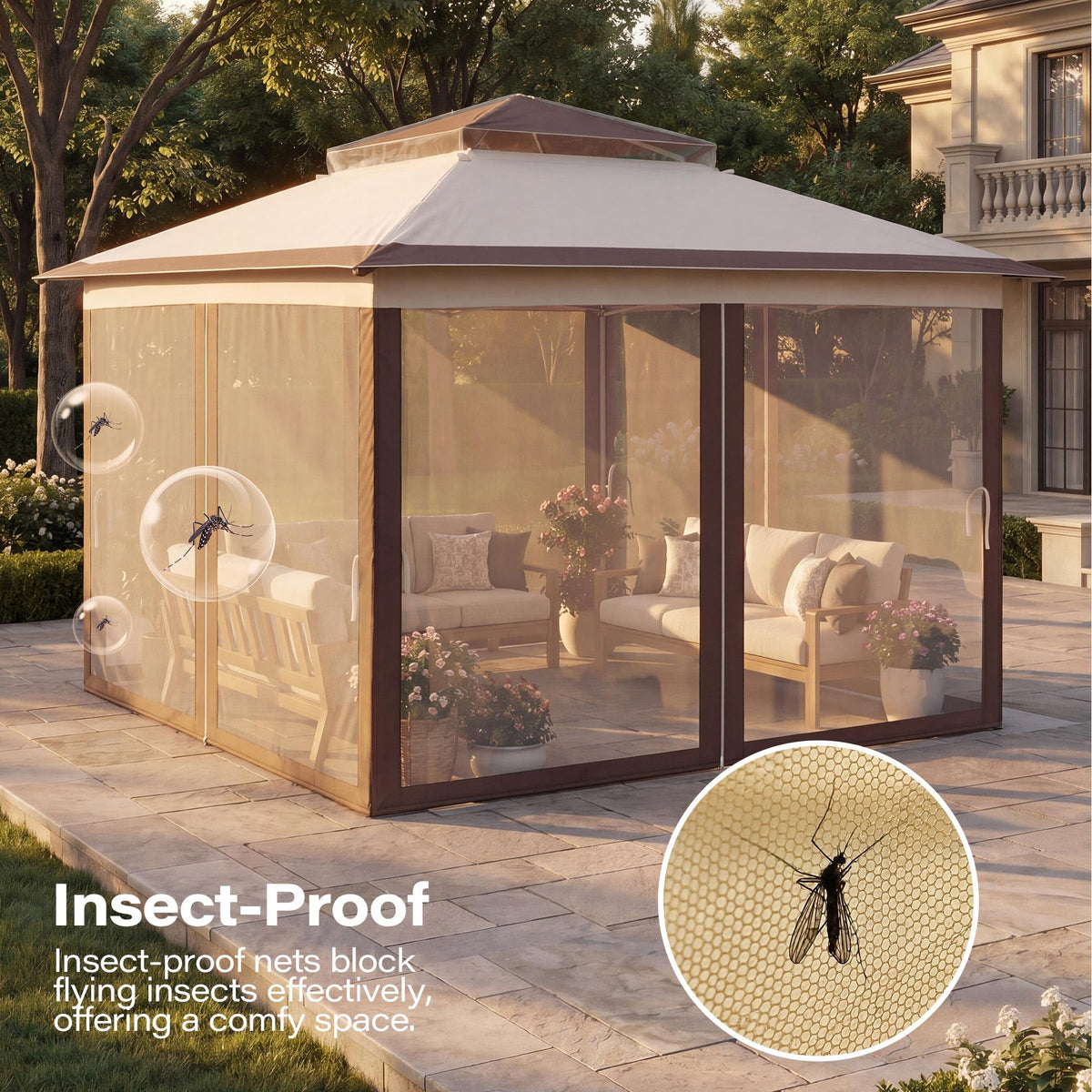 12x12 Pop Up Gazebo Canopy Tent with Mosquito Netting, Khaki N81086