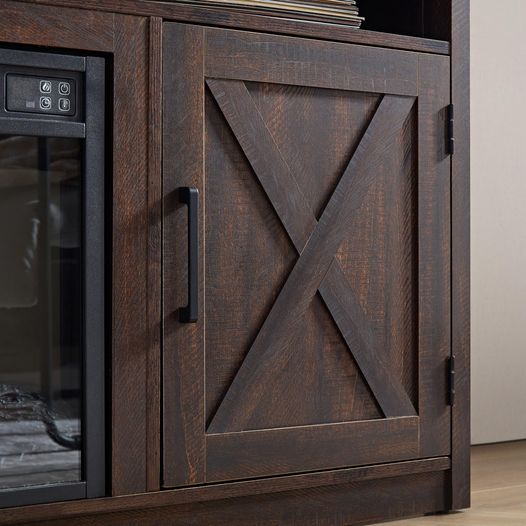 Farmhouse TV Media Stand with 18" Fireplace Insert and Cabinets, Espresso N238