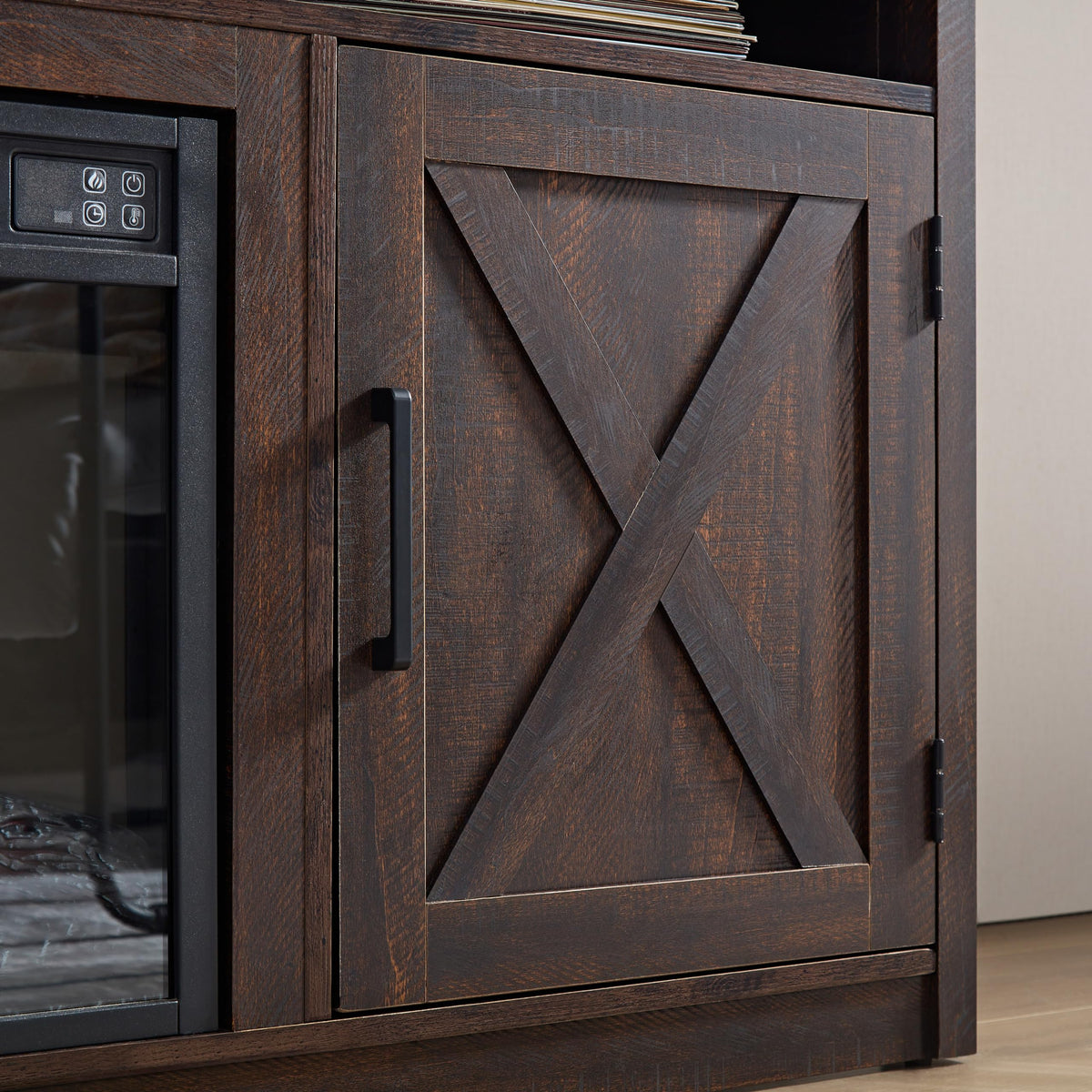 Farmhouse TV Media Stand with 18" Fireplace Insert and Cabinets, Espresso N238